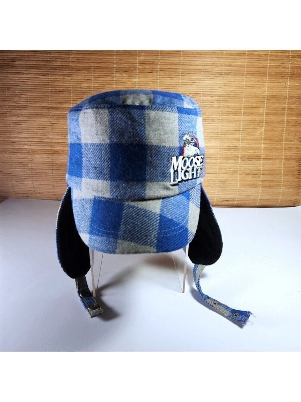 Moose Light Trapper Hat • Blue Grey Plaid • Fleece Lined Winter Ear Flaps